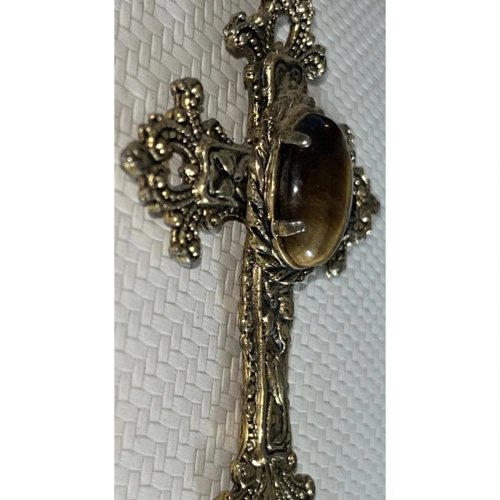 Vintage Ornate Tiger's Eye Cross Pendant Necklace Gold Tone Victorian 24